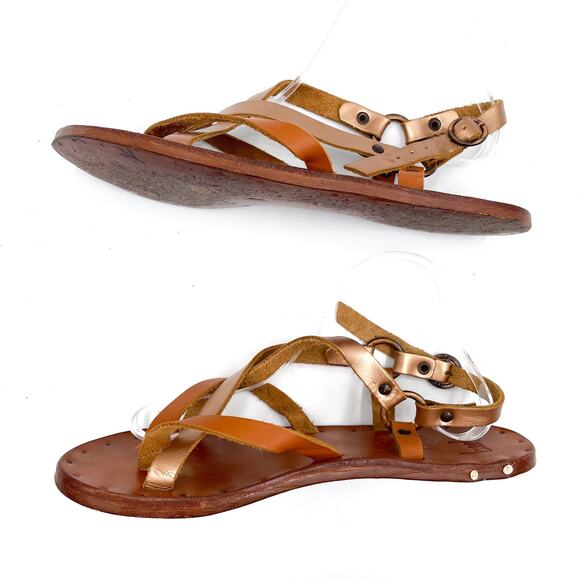 Beek Sparrow Flat Sandals Rose Gold Strappy Brown Leather Slip On Open Toe Sz 9 - Picture 9 of 12